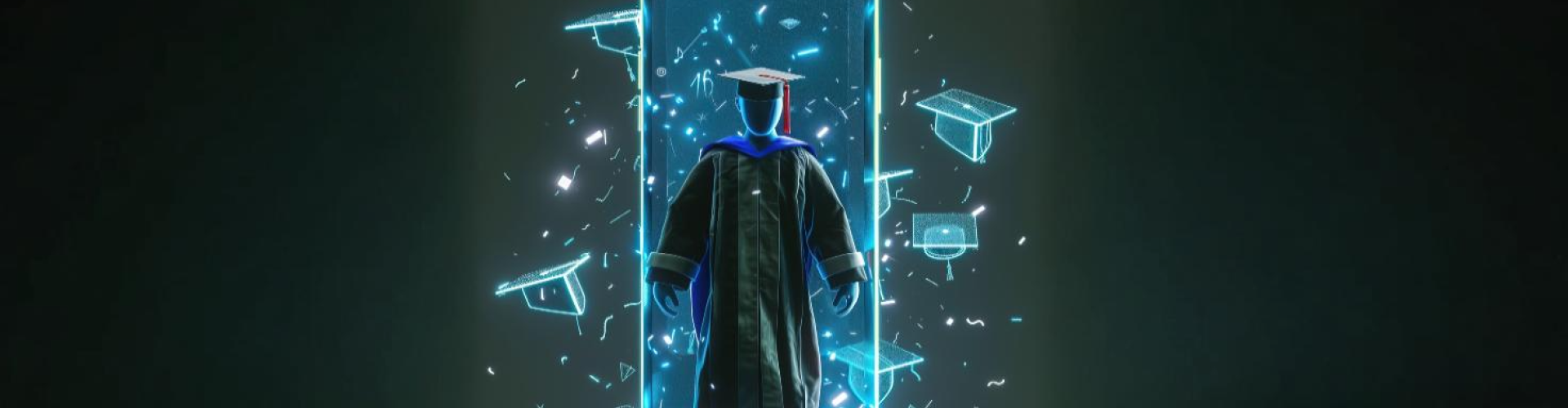 A digital illustration showing a graduate in a gown and cap standing inside a large, glowing smartphone screen. The phone appears to be bursting with virtual graduation caps and sparkles, symbolizing the celebration of digital or virtual graduation.