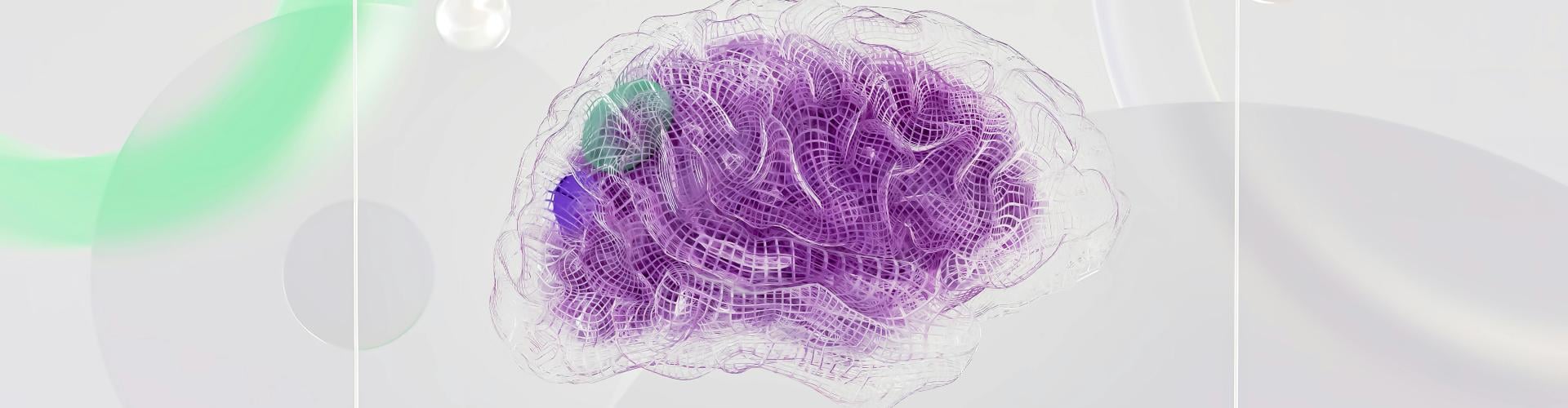 An abstract, semi-transparent structure resembling a brain is depicted in shades of purple with a mesh-like texture, set against a pale background featuring circular shapes in soft colors.