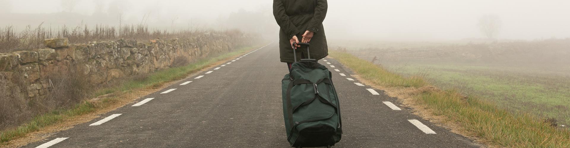 A solitary traveler in a hooded coat pulls a suitcase along a foggy rural road